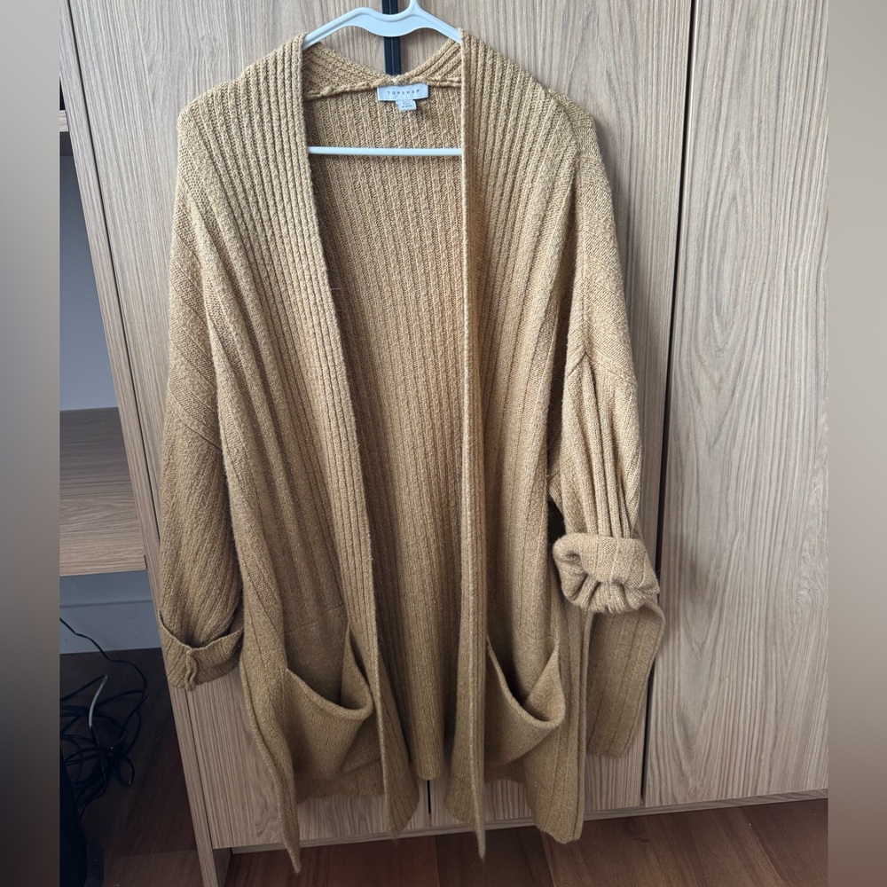 Topshop Ribbed Open-Front Cardigan - Camel Tan